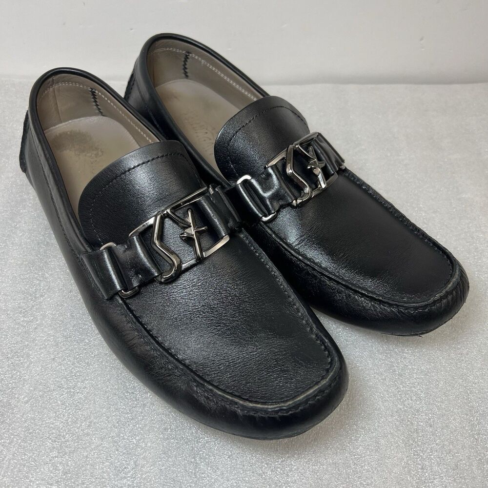 Salvatore Ferragamo PETER SF Logo Black Leather Mens Drivers Loafers Shoes 9.5D